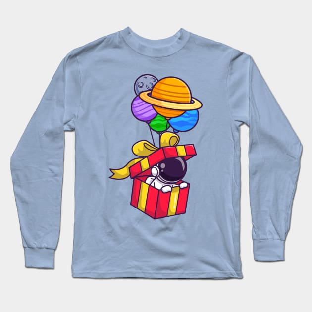 Cute Astronaut In Box Floating With Planet Balloon Cartoon Long Sleeve T-Shirt by Catalyst Labs